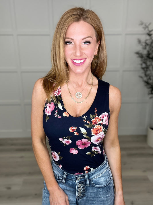 BONUS: Sleeveless Floral V - Neck Bodysuit in Navy (Online Exclusive) - Uptown Boutique Ramona