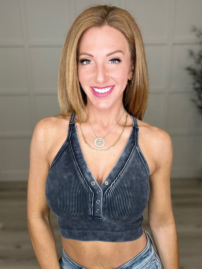 BONUS: Washed Ribbed Cropped Button V - Neck Tank Top (Online Exclusive) - Uptown Boutique Ramona