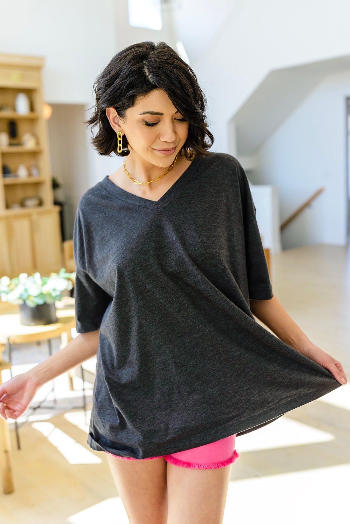 Boxy V Neck Boyfriend Tee In Charcoal (Online Exclusive) - Uptown Boutique Ramona