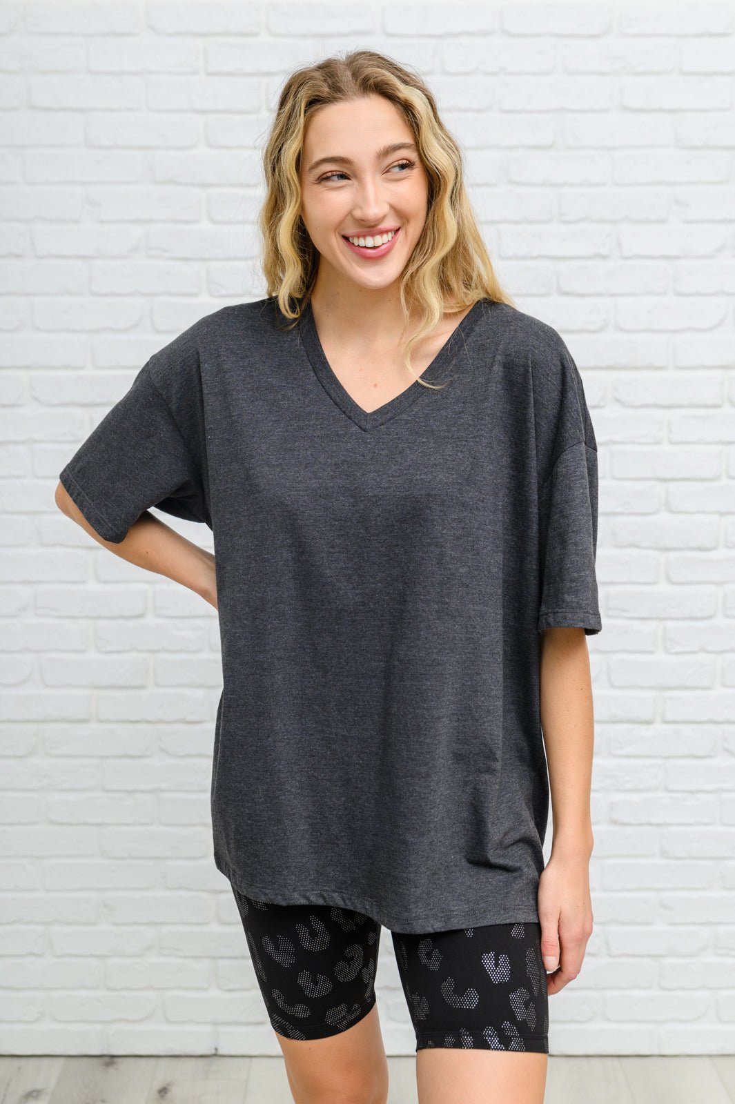 Boxy V Neck Boyfriend Tee In Charcoal (Online Exclusive) - Uptown Boutique Ramona