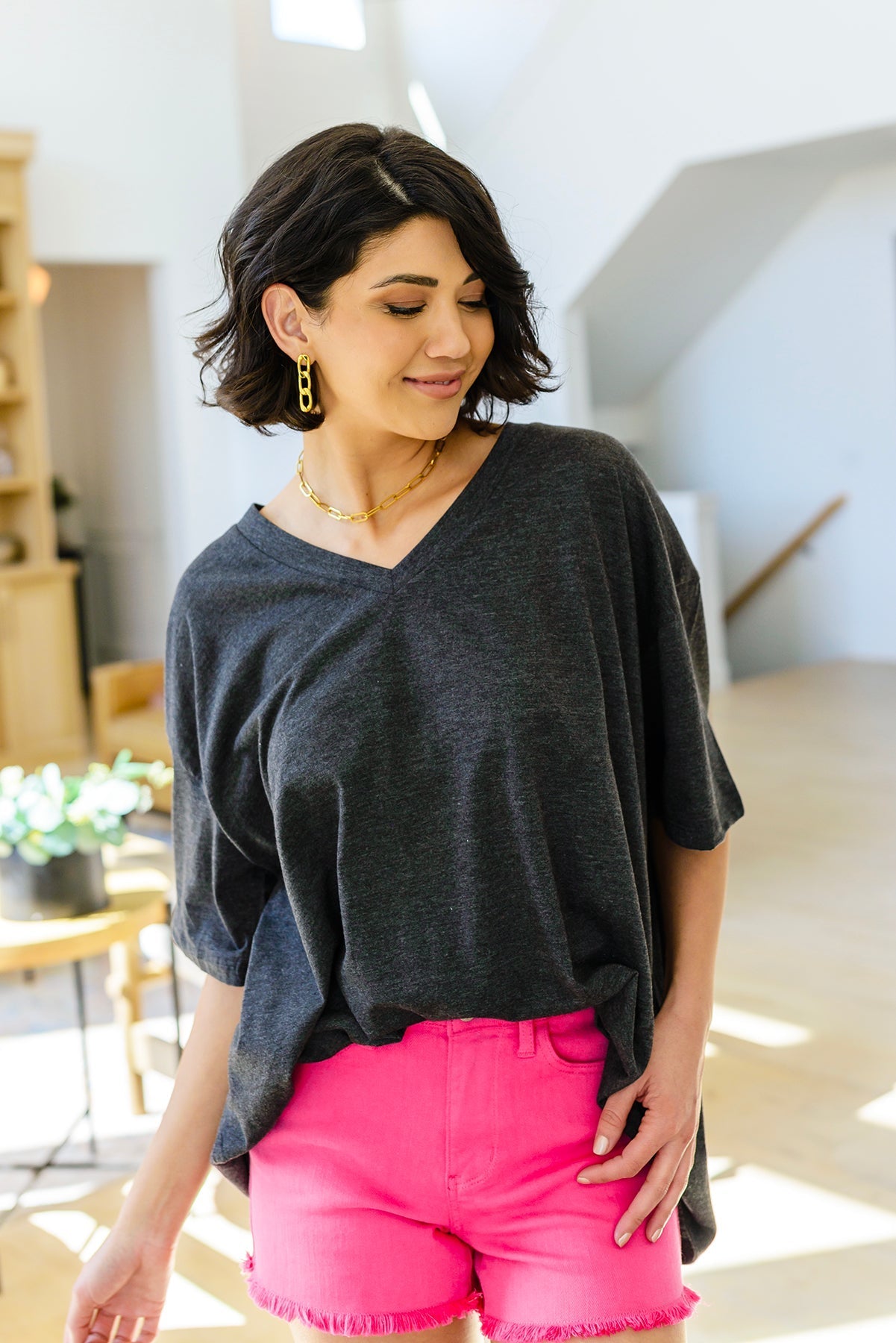 Boxy V Neck Boyfriend Tee In Charcoal (Online Exclusive) - Uptown Boutique Ramona