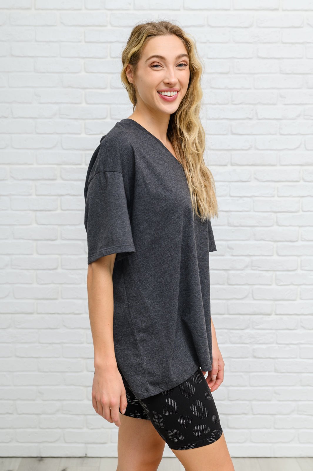 Boxy V Neck Boyfriend Tee In Charcoal (Online Exclusive) - Uptown Boutique Ramona