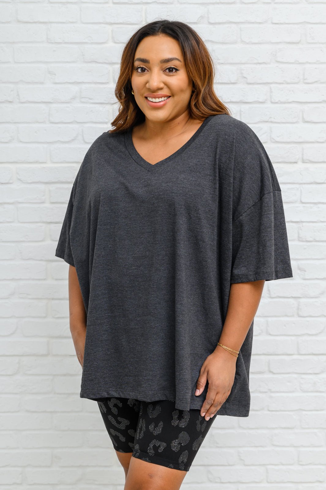 Boxy V Neck Boyfriend Tee In Charcoal (Online Exclusive) - Uptown Boutique Ramona