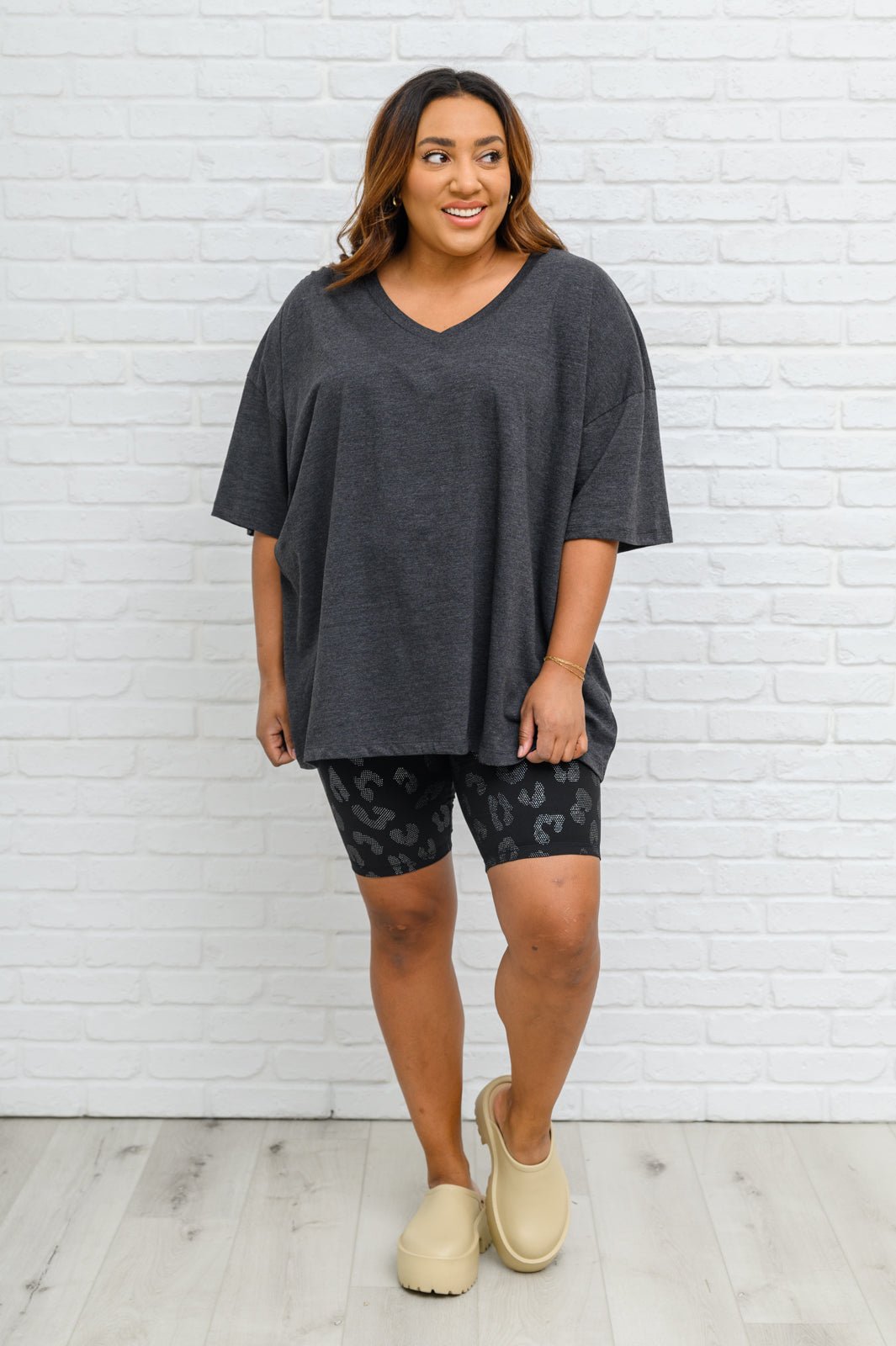 Boxy V Neck Boyfriend Tee In Charcoal (Online Exclusive) - Uptown Boutique Ramona