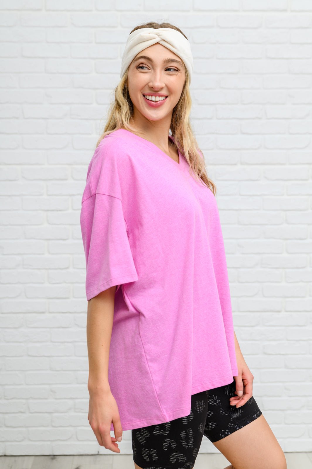 Boxy V Neck Boyfriend Tee In Pink (Online Exclusive) - Uptown Boutique Ramona