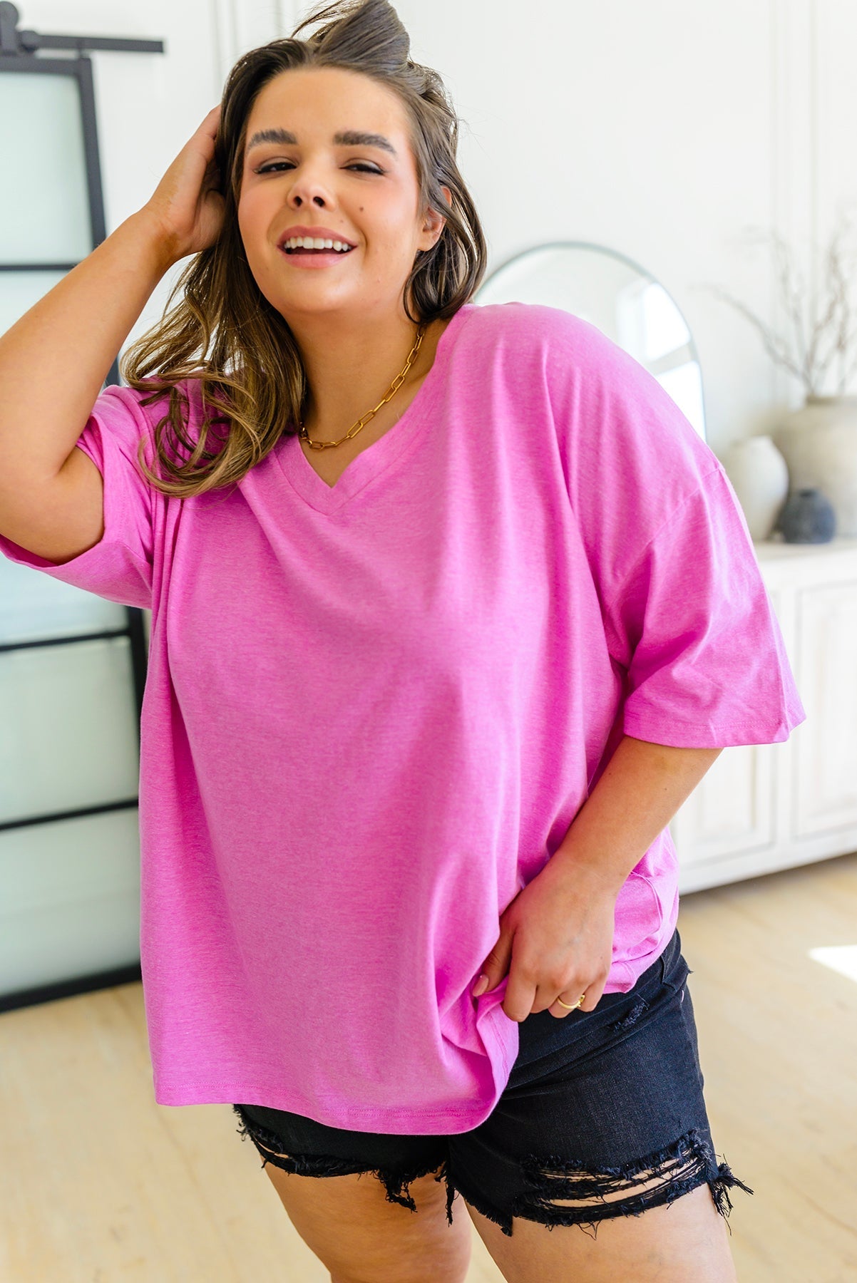 Boxy V Neck Boyfriend Tee In Pink (Online Exclusive) - Uptown Boutique Ramona