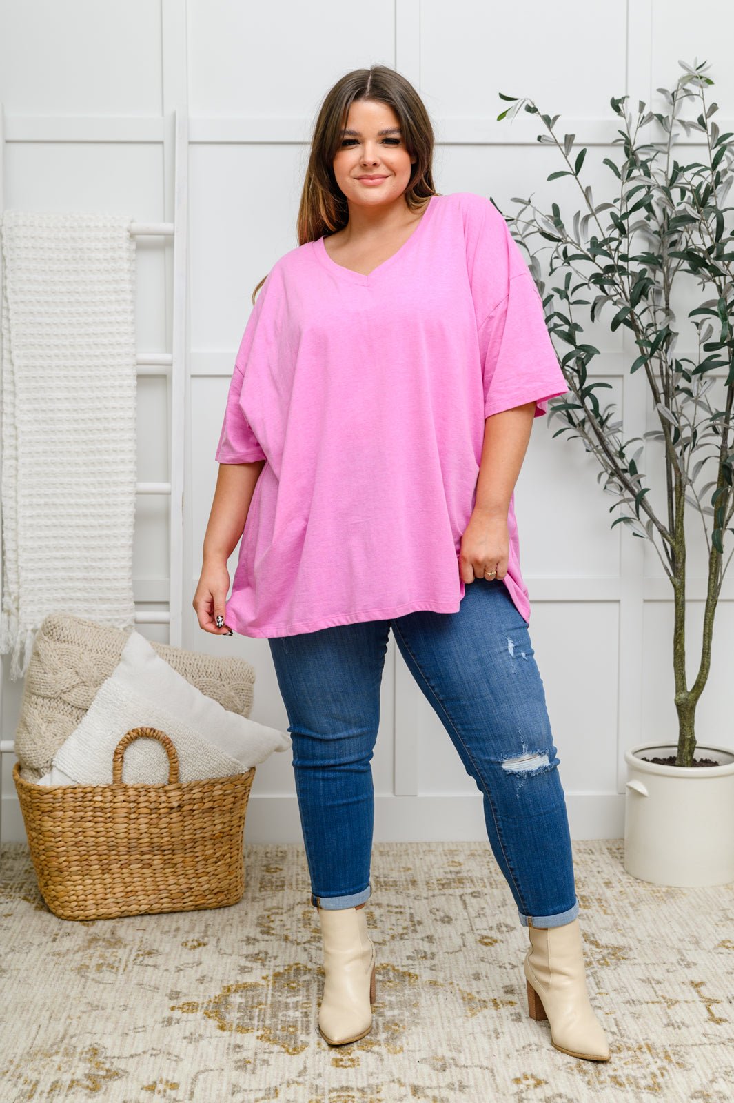 Boxy V Neck Boyfriend Tee In Pink (Online Exclusive) - Uptown Boutique Ramona