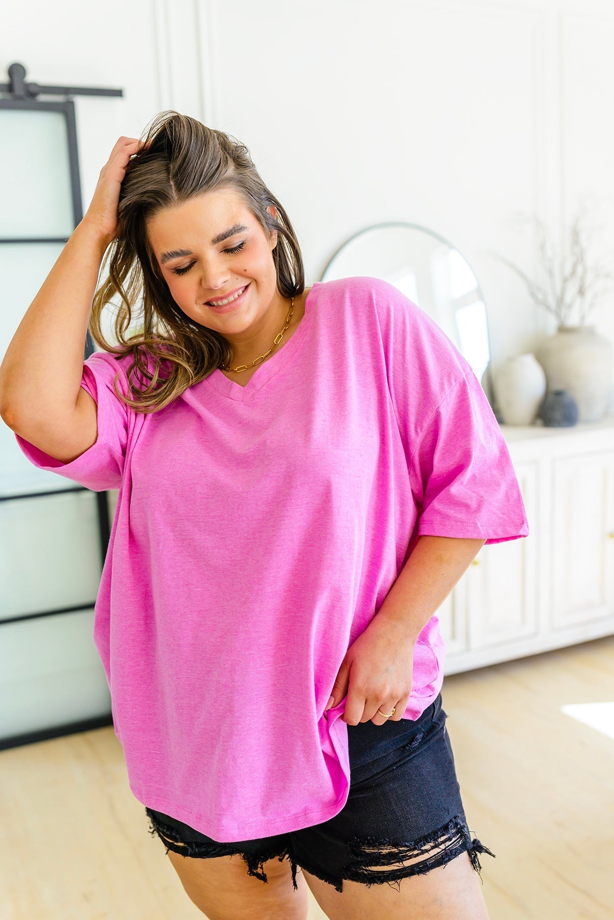 Boxy V Neck Boyfriend Tee In Pink (Online Exclusive) - Uptown Boutique Ramona