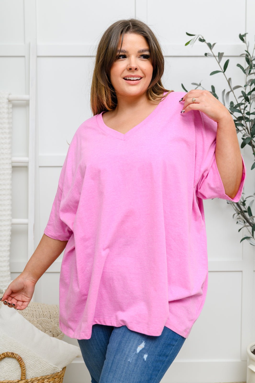 Boxy V Neck Boyfriend Tee In Pink (Online Exclusive) - Uptown Boutique Ramona