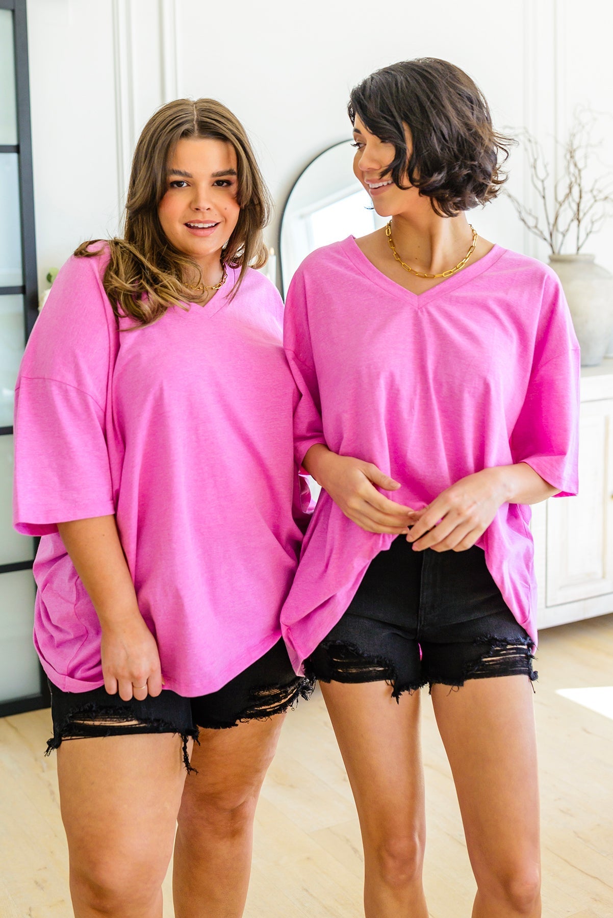 Boxy V Neck Boyfriend Tee In Pink (Online Exclusive) - Uptown Boutique Ramona