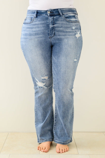 Brecken Hi - Waist Minimal Destroy Bootcut Jeans (Online Exclusive) - Uptown Boutique Ramona