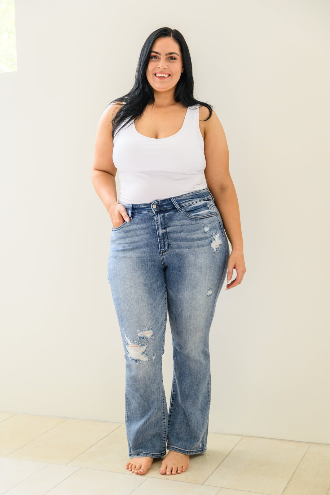 Brecken Hi - Waist Minimal Destroy Bootcut Jeans (Online Exclusive) - Uptown Boutique Ramona