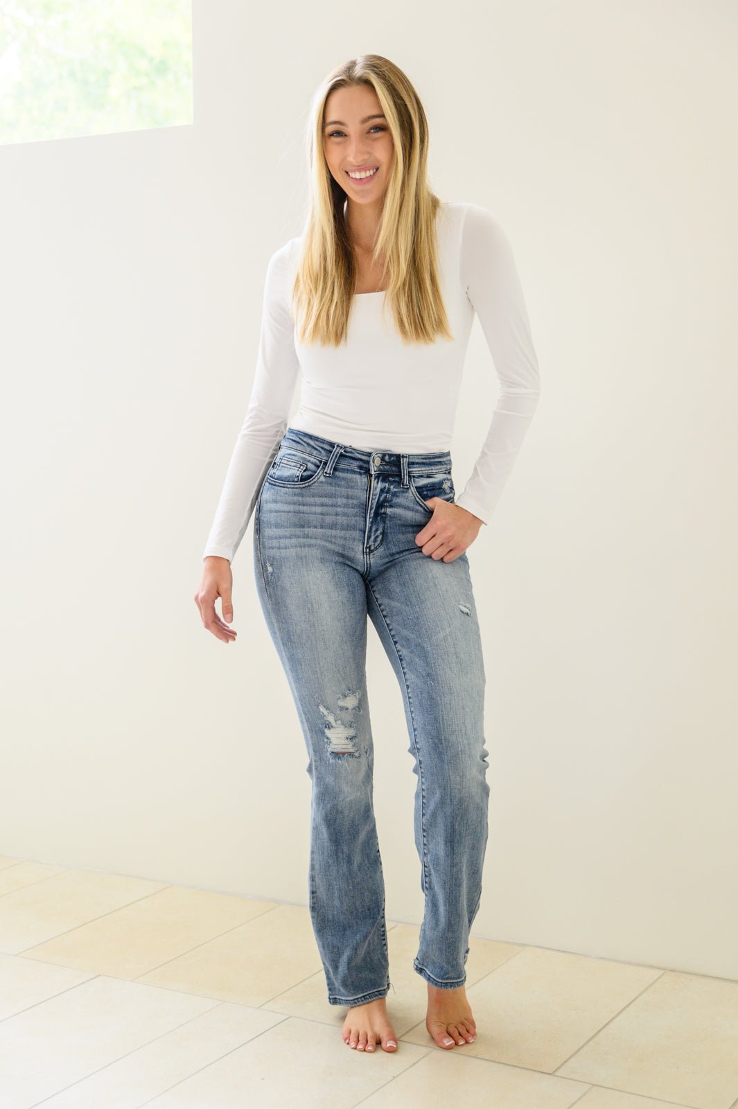 Brecken Hi - Waist Minimal Destroy Bootcut Jeans (Online Exclusive) - Uptown Boutique Ramona