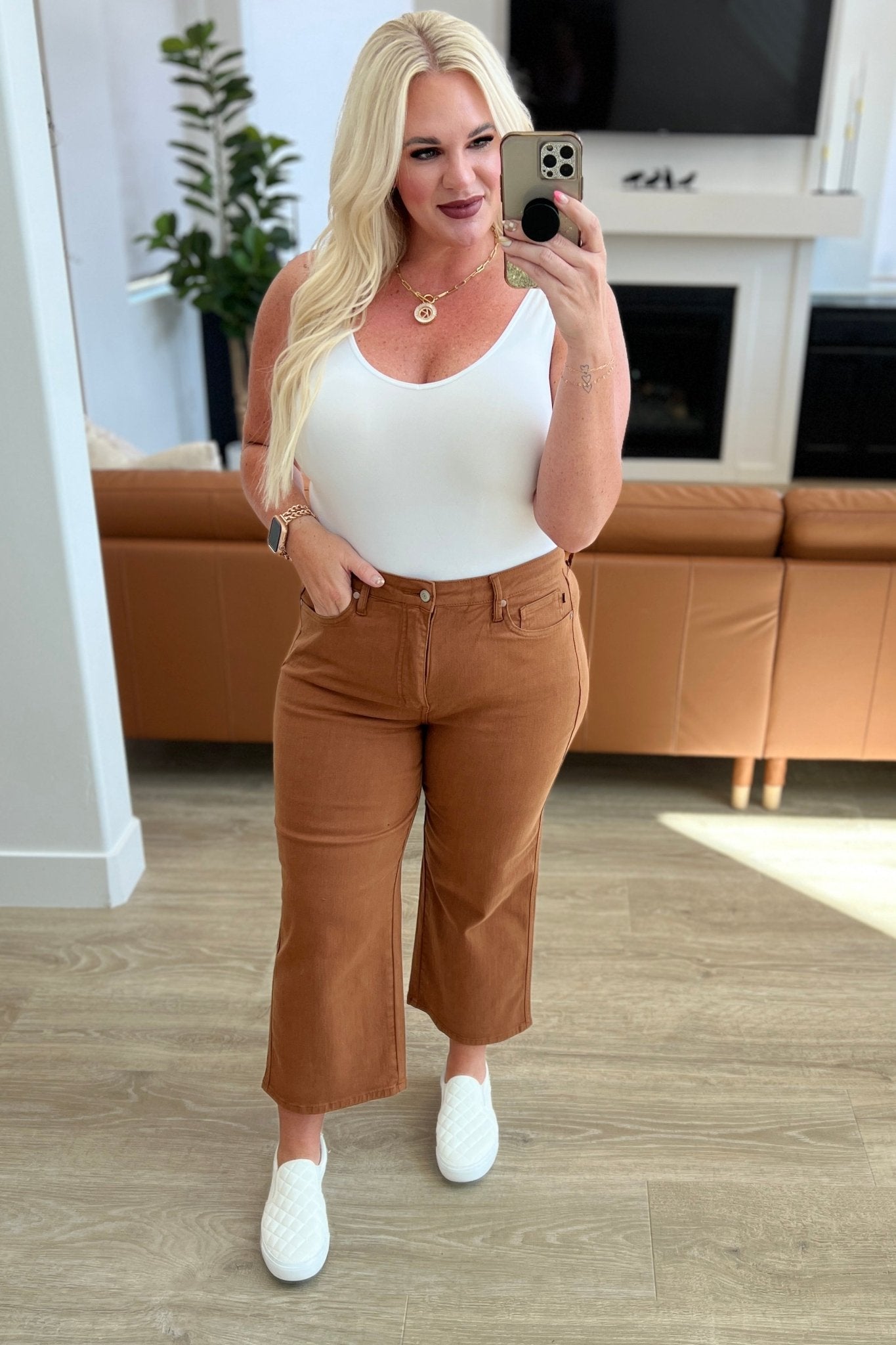 Briar High Rise Control Top Wide Leg Crop Jeans in Camel (Online Exclusive) - Uptown Boutique Ramona