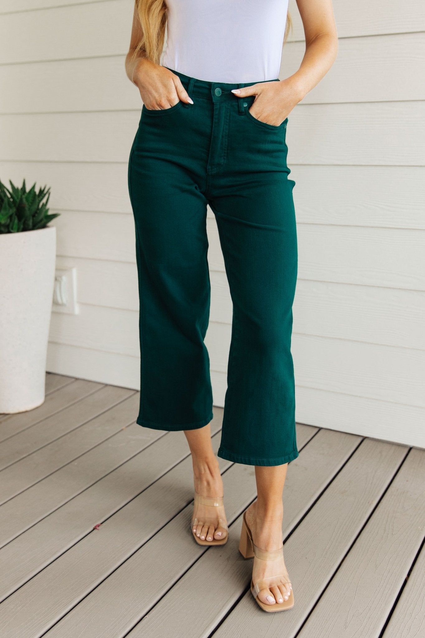 Briar High Rise Control Top Wide Leg Crop Jeans in Teal (Online Exclusive) - Uptown Boutique Ramona