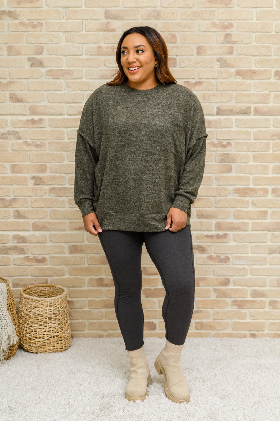 Brushed Drop Shoulder Sweater In Olive (Online Exclusive) - Uptown Boutique Ramona