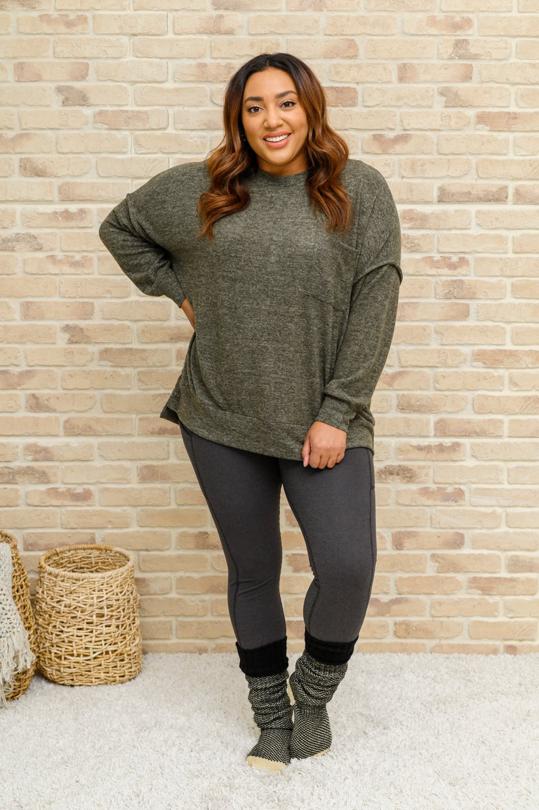 Brushed Drop Shoulder Sweater In Olive (Online Exclusive) - Uptown Boutique Ramona