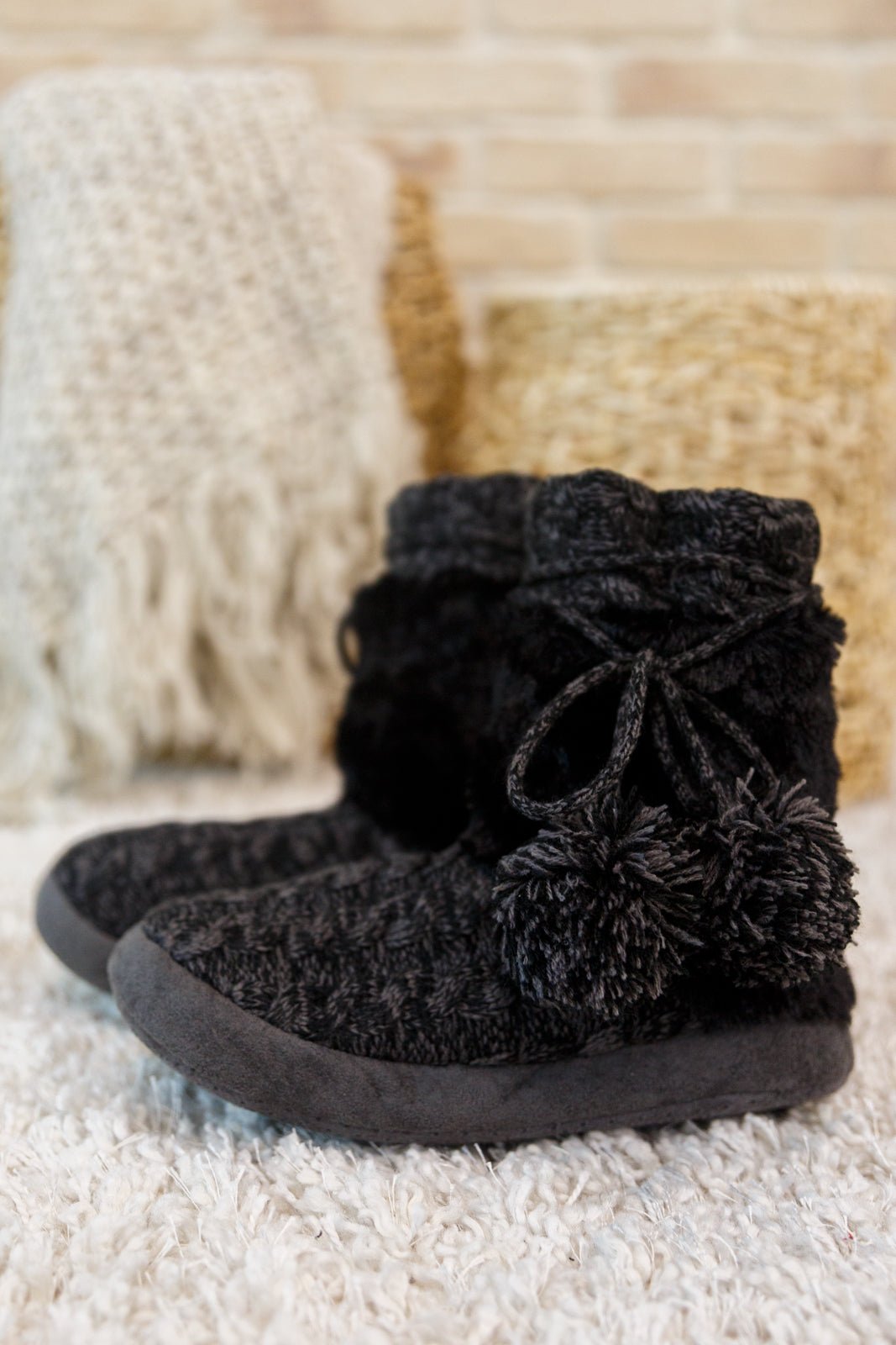 Cable Knit Slipper Boots With Pompom Trim (Online Exclusive) - Uptown Boutique Ramona