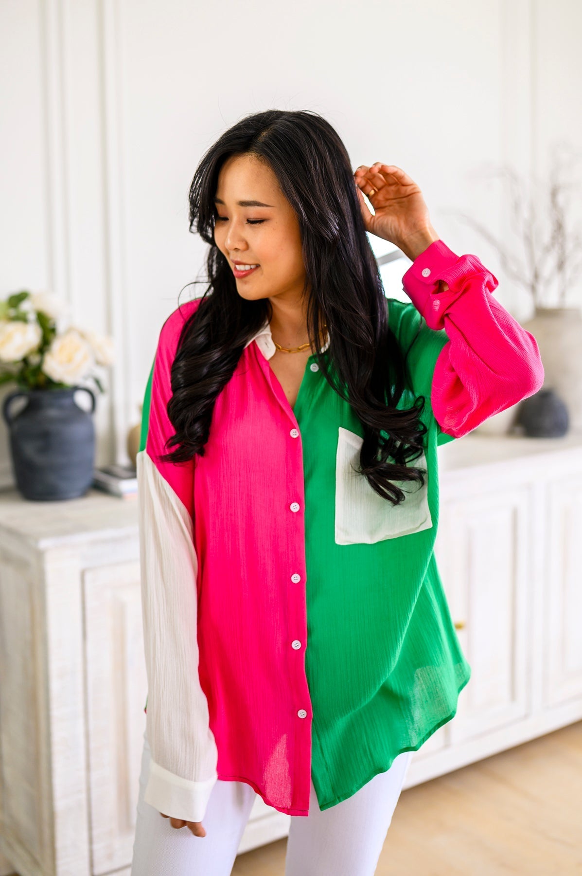 Capture the Day Two Toned Button Up Kelly (Online Exclusive) - Uptown Boutique Ramona