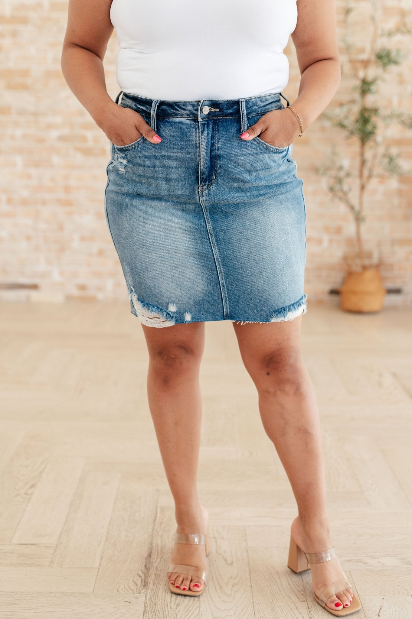 Carol High Rise Rigid Magic Denim Skirt (Online Exclusive) - Uptown Boutique Ramona