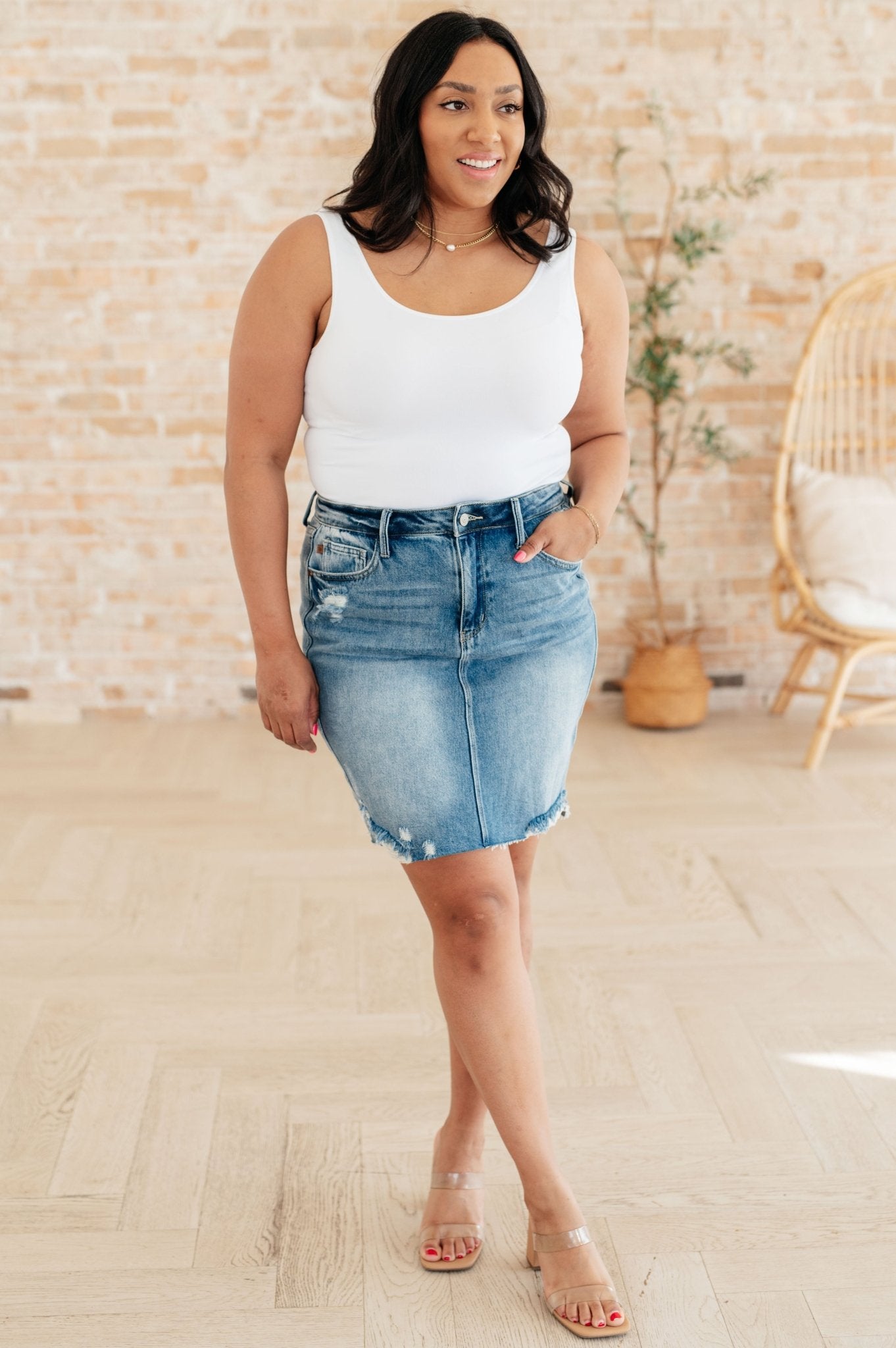 Carol High Rise Rigid Magic Denim Skirt (Online Exclusive) - Uptown Boutique Ramona