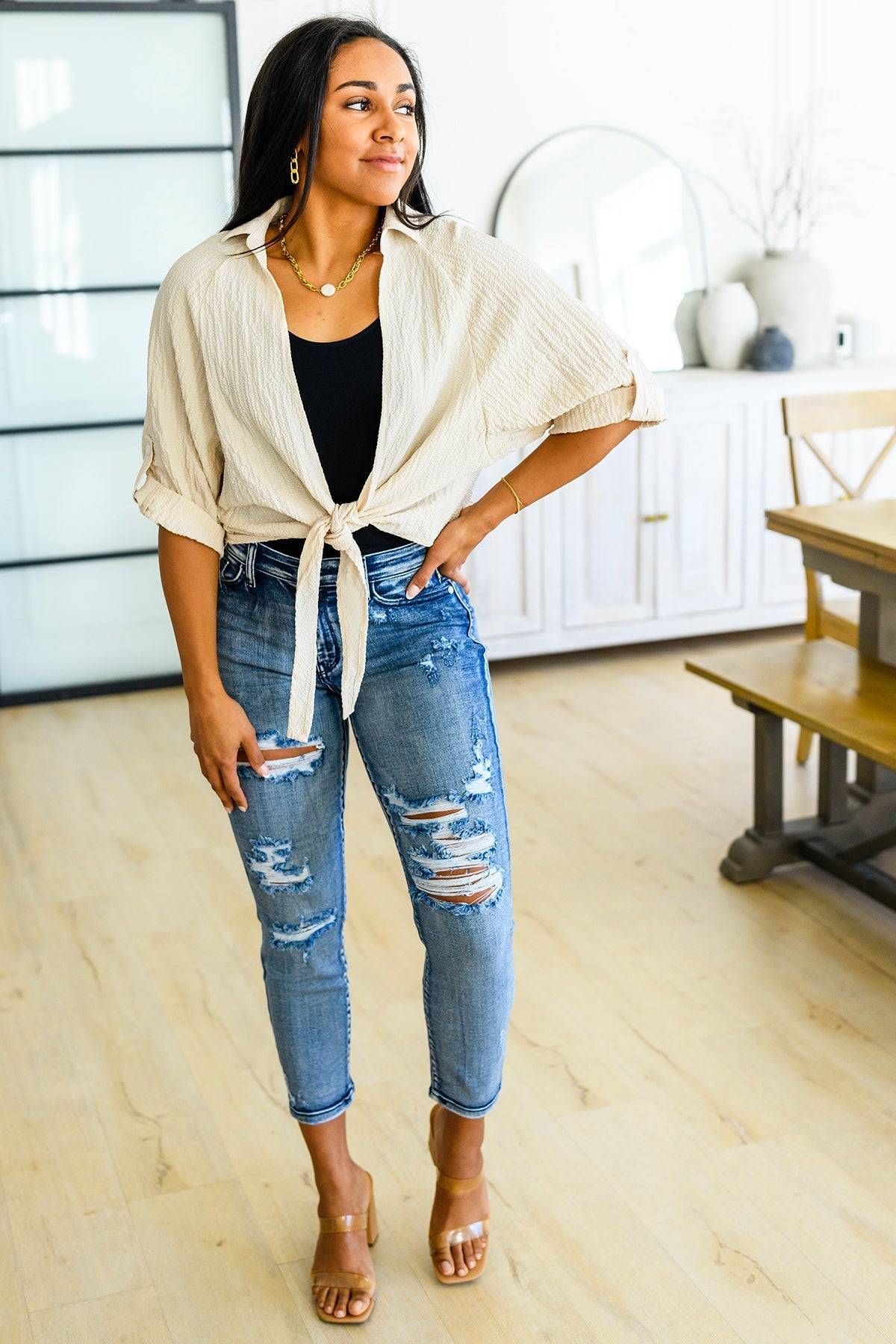 Castaway Tie Front Shirt (Online Exclusive) - Uptown Boutique Ramona