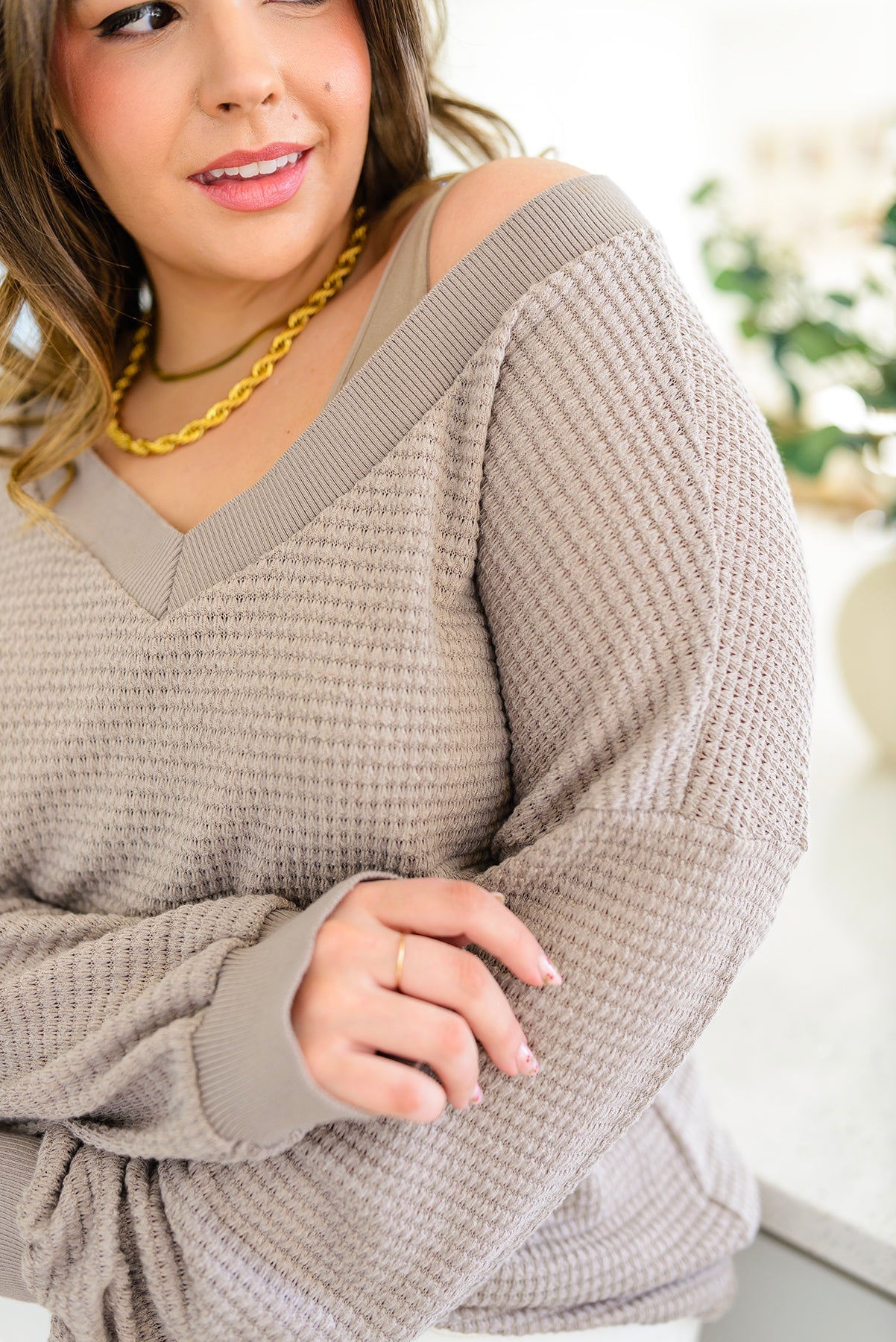 Caught a Vibe V - Neck Waffle Knit Top (Online Exclusive) - Uptown Boutique Ramona