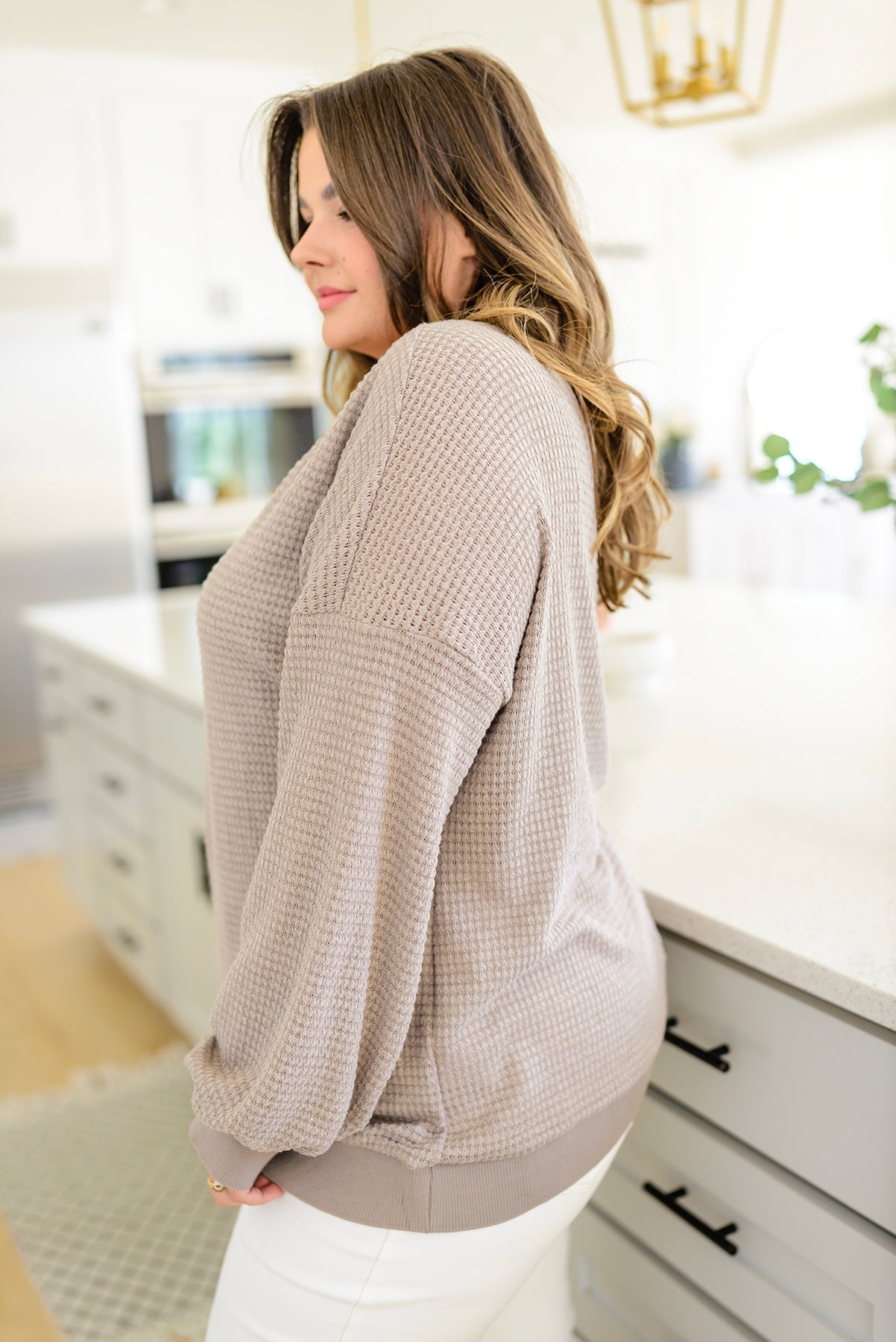 Caught a Vibe V - Neck Waffle Knit Top (Online Exclusive) - Uptown Boutique Ramona