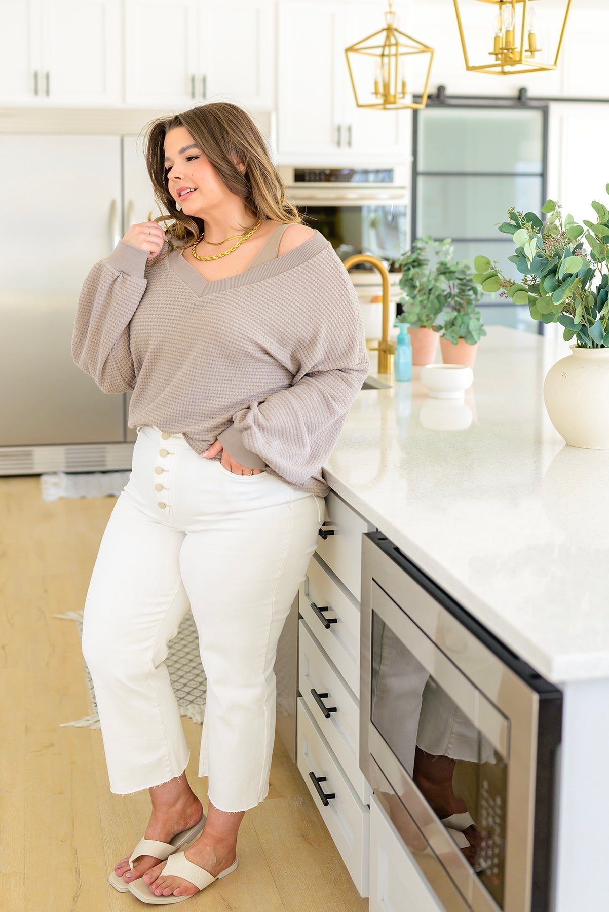 Caught a Vibe V - Neck Waffle Knit Top (Online Exclusive) - Uptown Boutique Ramona