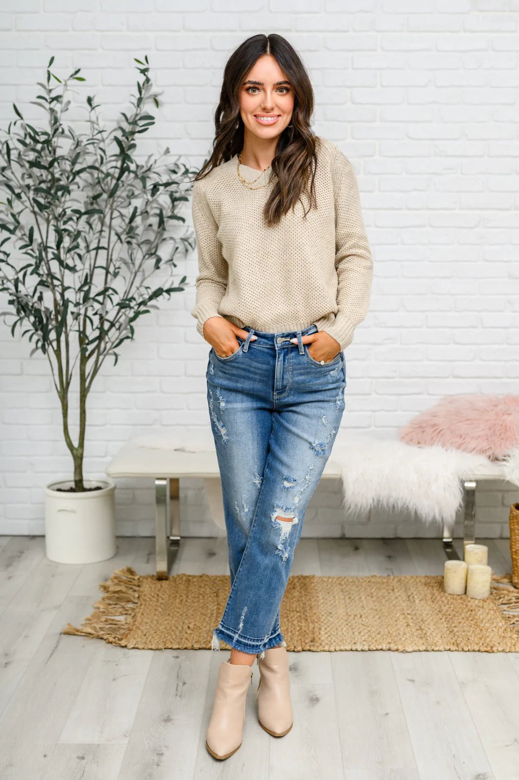 Chai Latte V - Neck Sweater in Oatmeal (Online Exclusive) - Uptown Boutique Ramona