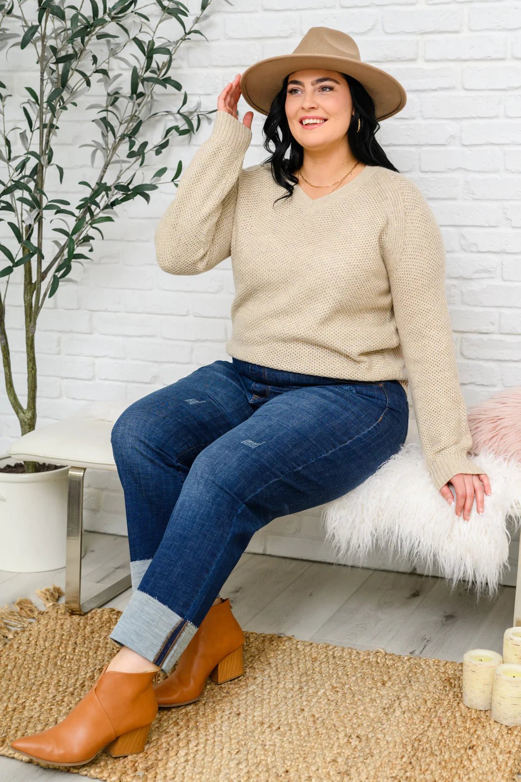Chai Latte V - Neck Sweater in Oatmeal (Online Exclusive) - Uptown Boutique Ramona