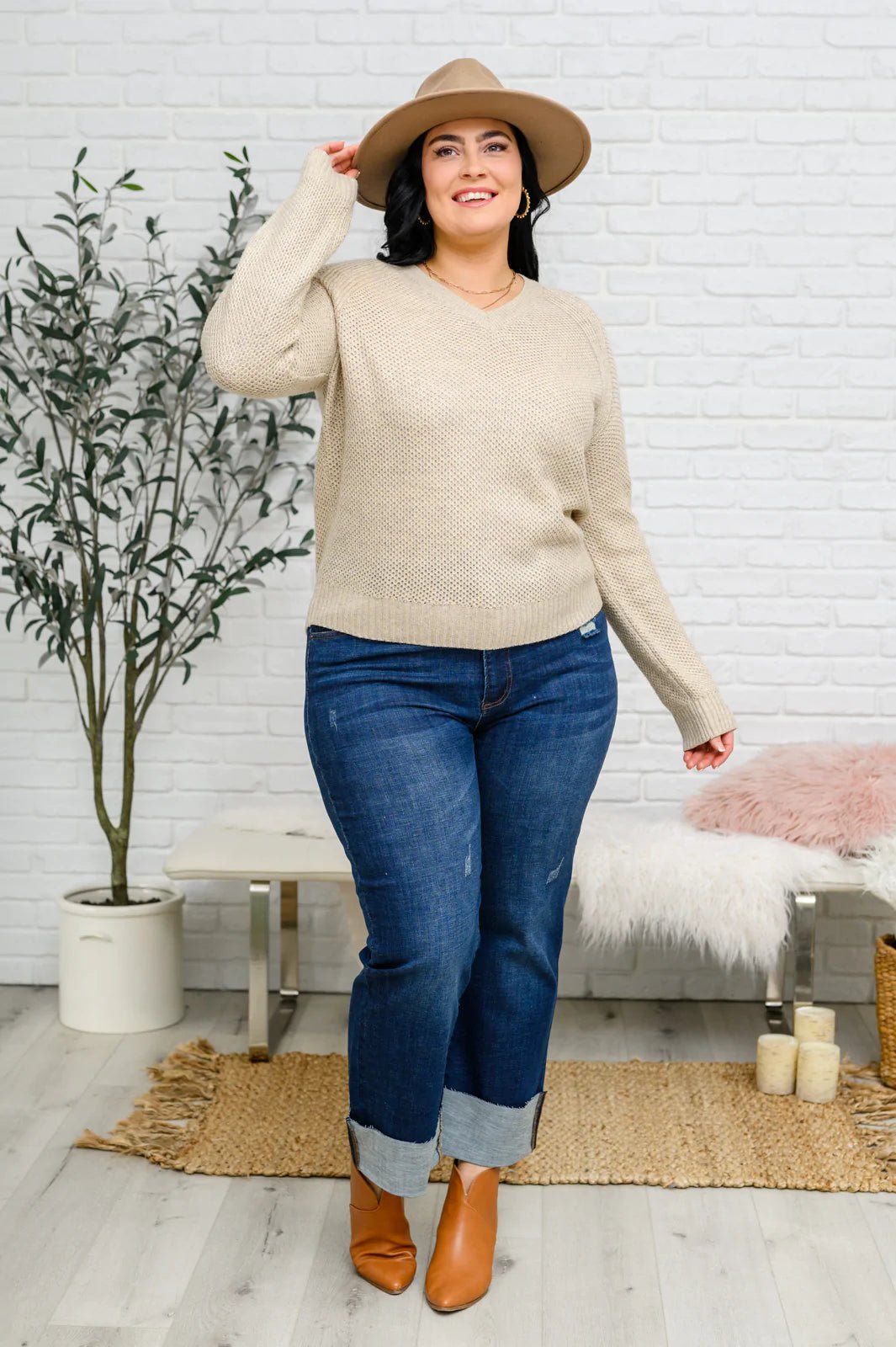 Chai Latte V - Neck Sweater in Oatmeal (Online Exclusive) - Uptown Boutique Ramona