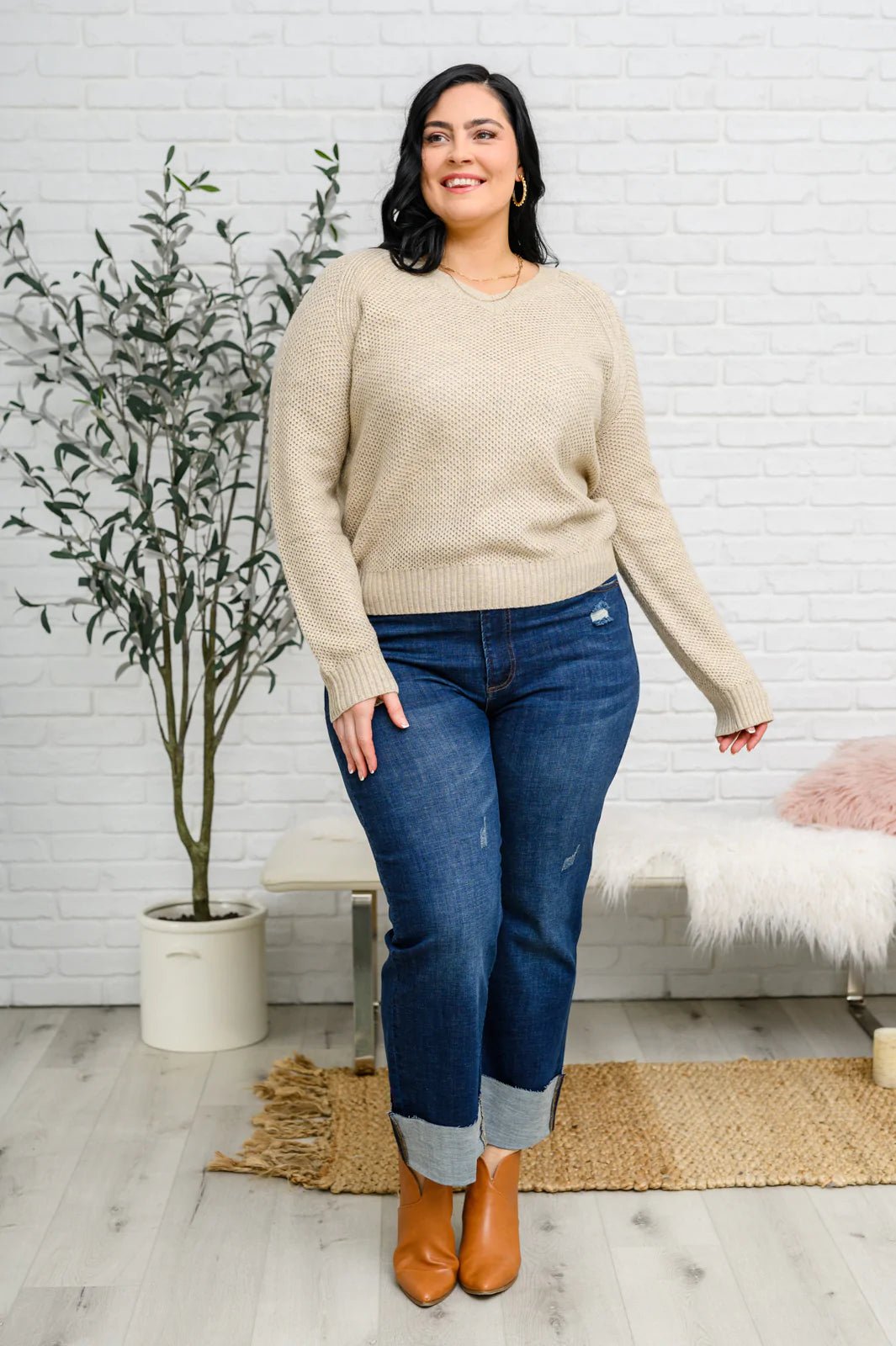 Chai Latte V - Neck Sweater in Oatmeal (Online Exclusive) - Uptown Boutique Ramona