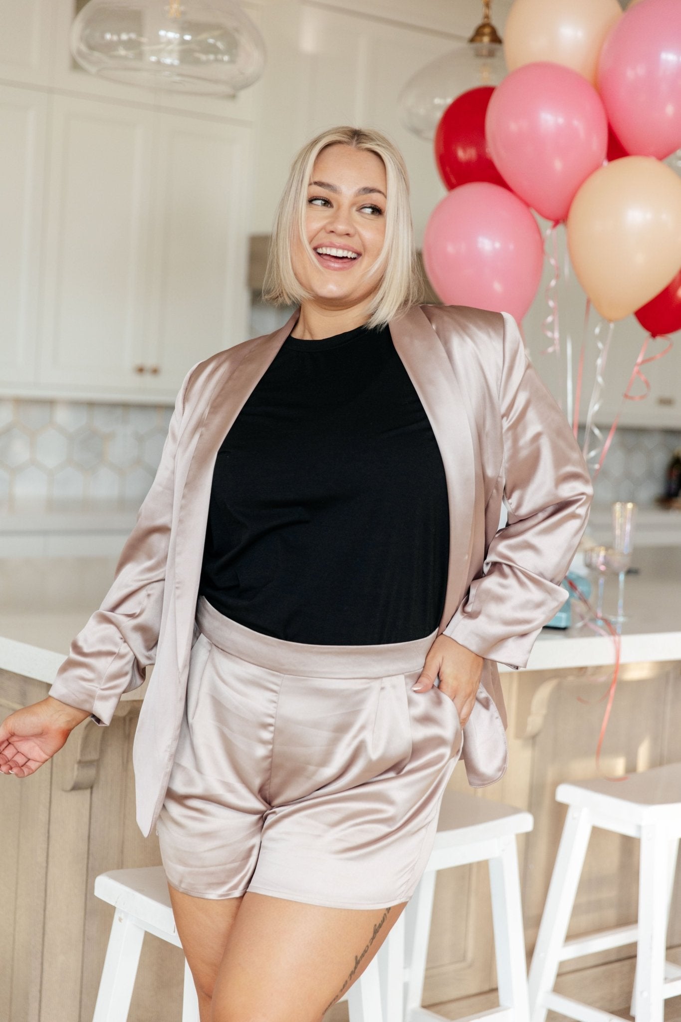 Champagne and Roses Satin Blazer (Online Exclusive) - Uptown Boutique Ramona