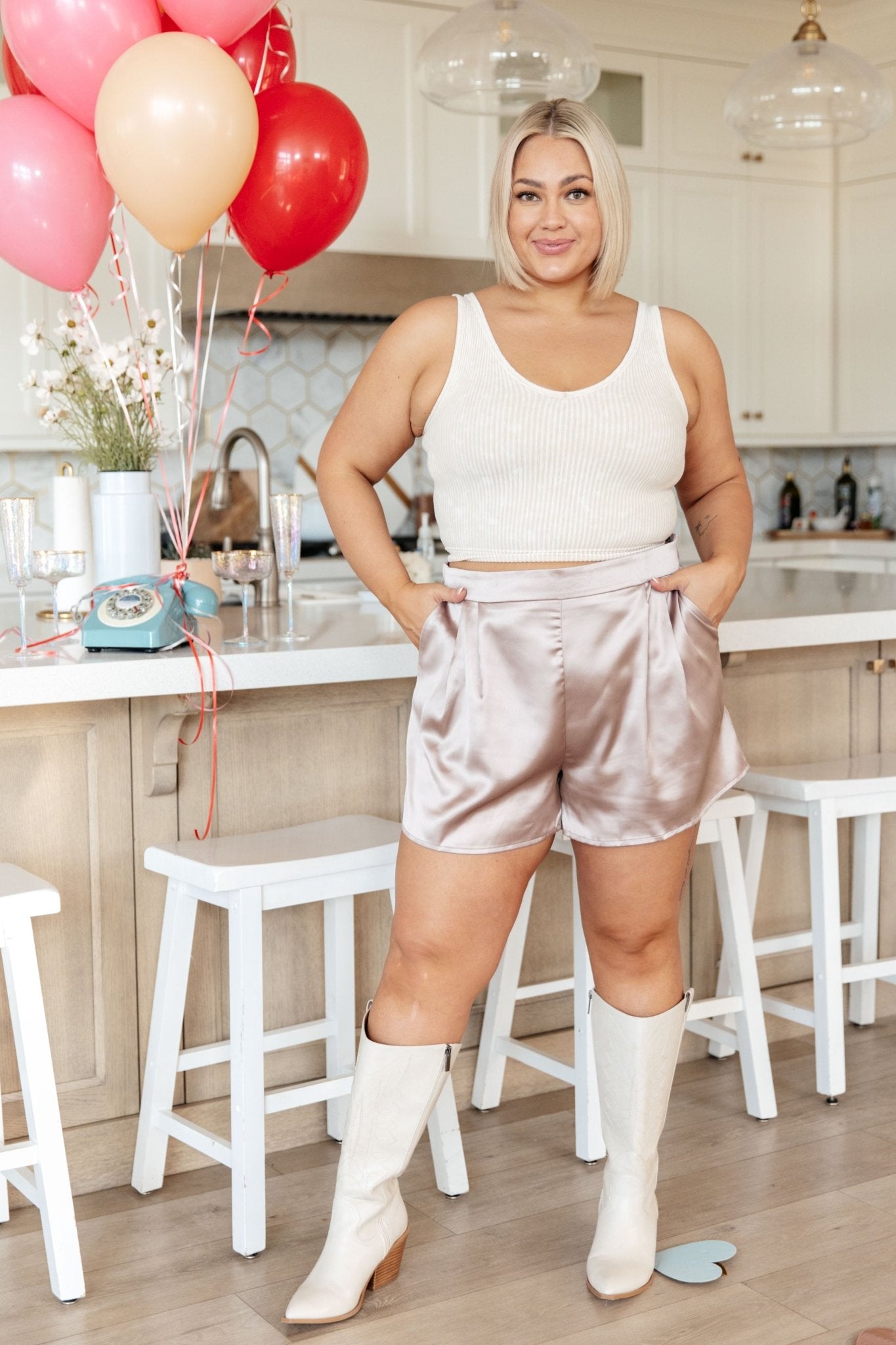 Champagne and Roses Satin Shorts (Online Exclusive) - Uptown Boutique Ramona