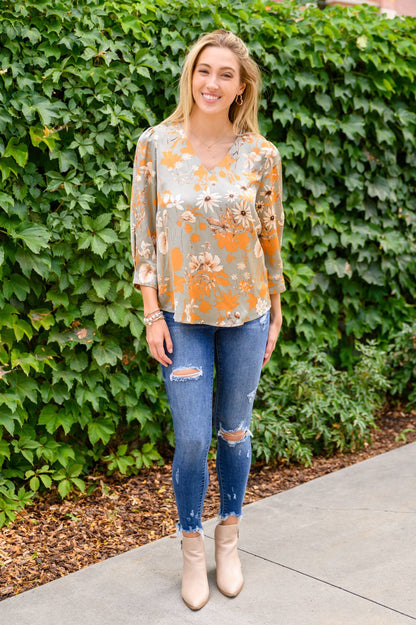 Chantry V Neck Floral Blouse in Sage (Online Exclusive) - Uptown Boutique Ramona