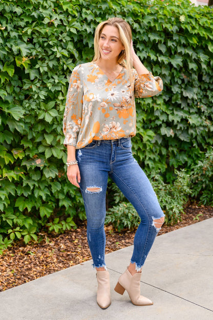 Chantry V Neck Floral Blouse in Sage (Online Exclusive) - Uptown Boutique Ramona