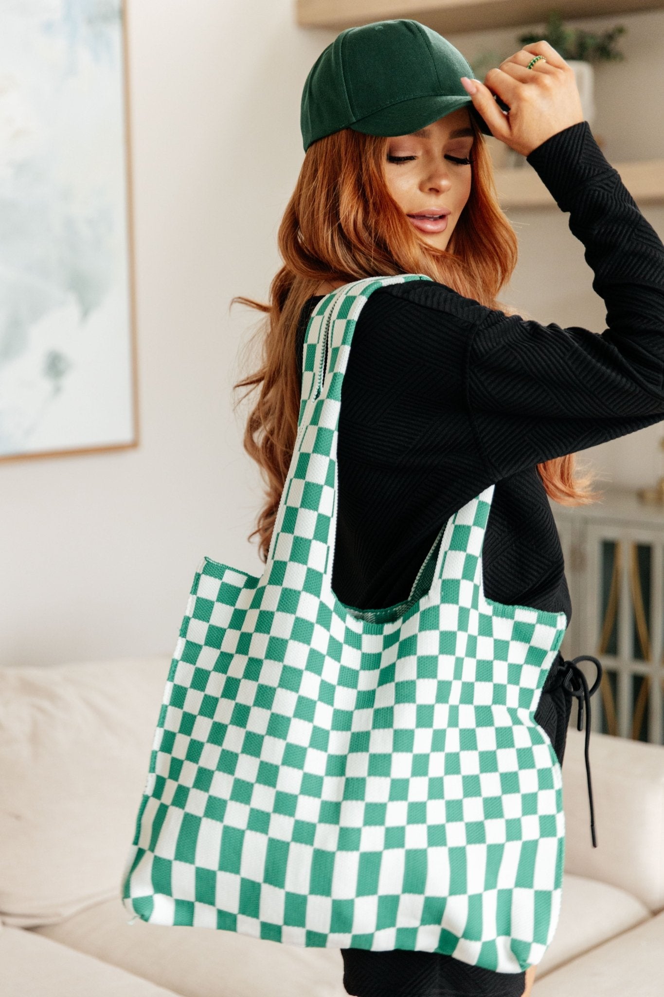 Checkerboard Lazy Wind Big Bag in Green & White (Online Exclusive) - Uptown Boutique Ramona