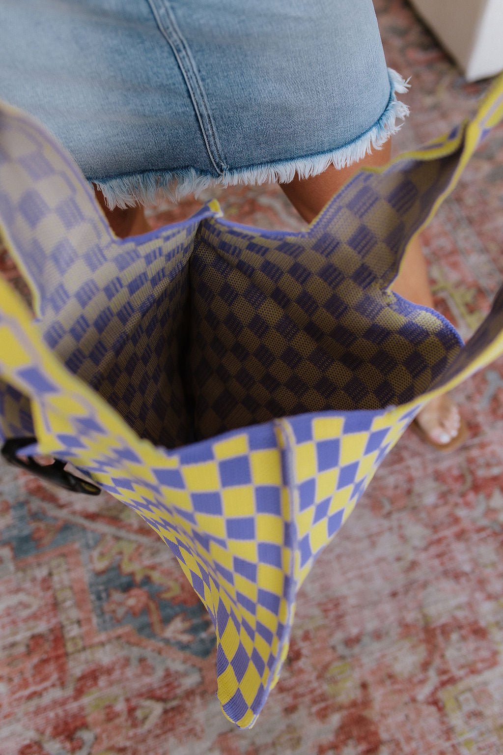 Checkerboard Lazy Wind Big Bag in Lilac & Yellow (Online Exclusive) - Uptown Boutique Ramona