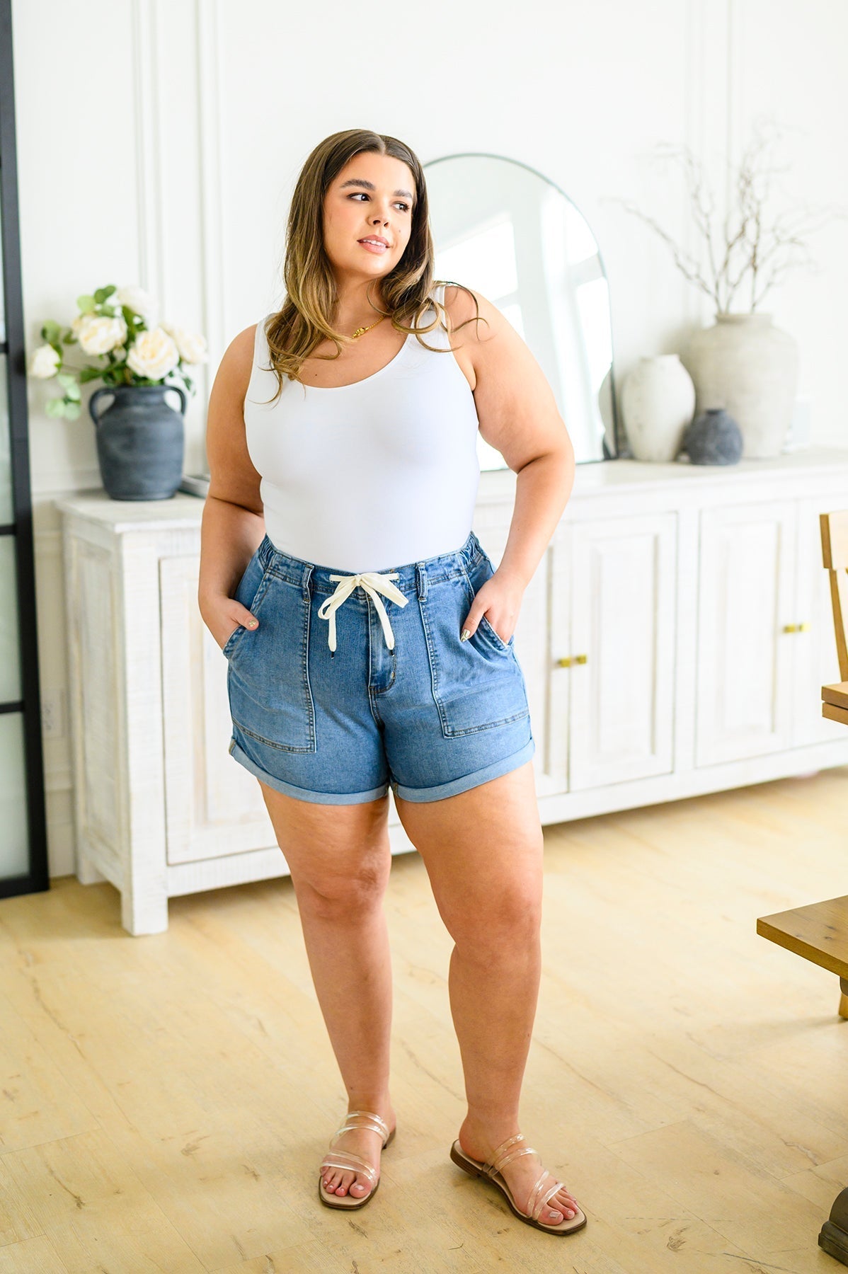 Chelsea Pull On Drawstring Denim Shorts (Online Exclusive) - Uptown Boutique Ramona