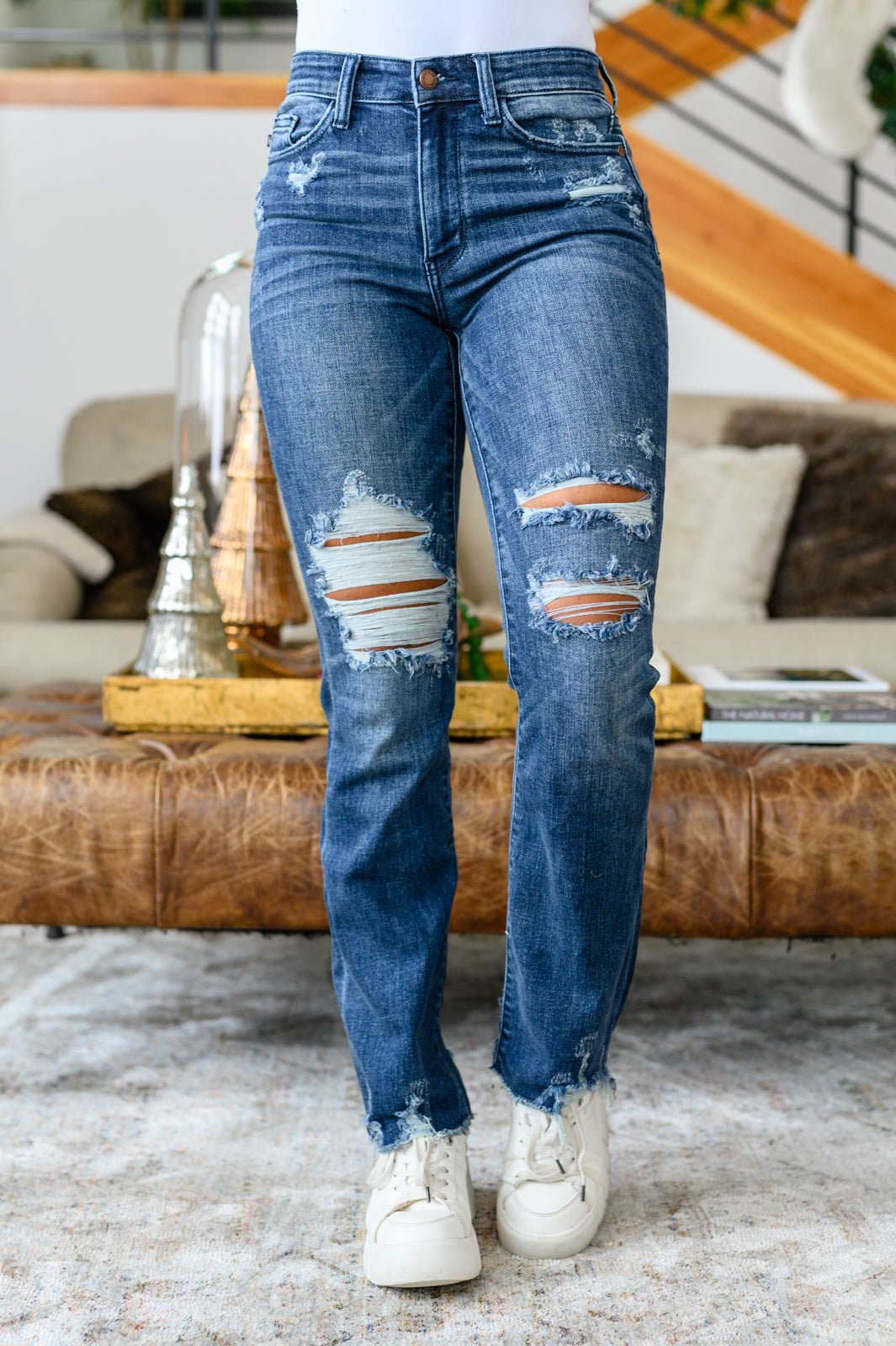 Christine High Contrast Slim Bootcut Destroyed Jeans (Online Exclusive) - Uptown Boutique Ramona