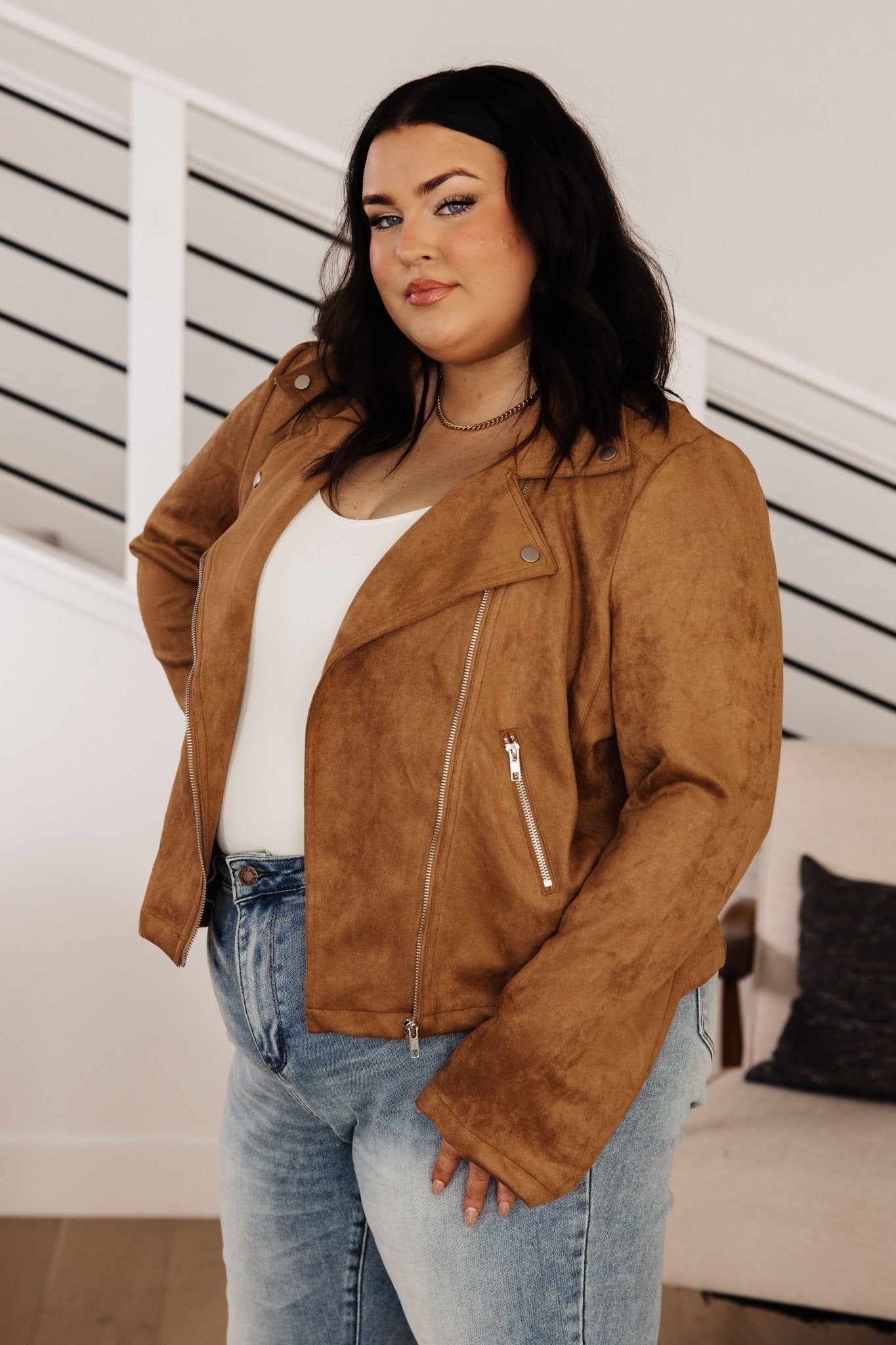 Clara Faux Suede Moto Jacket in Camel (Online Exclusive) - Uptown Boutique Ramona