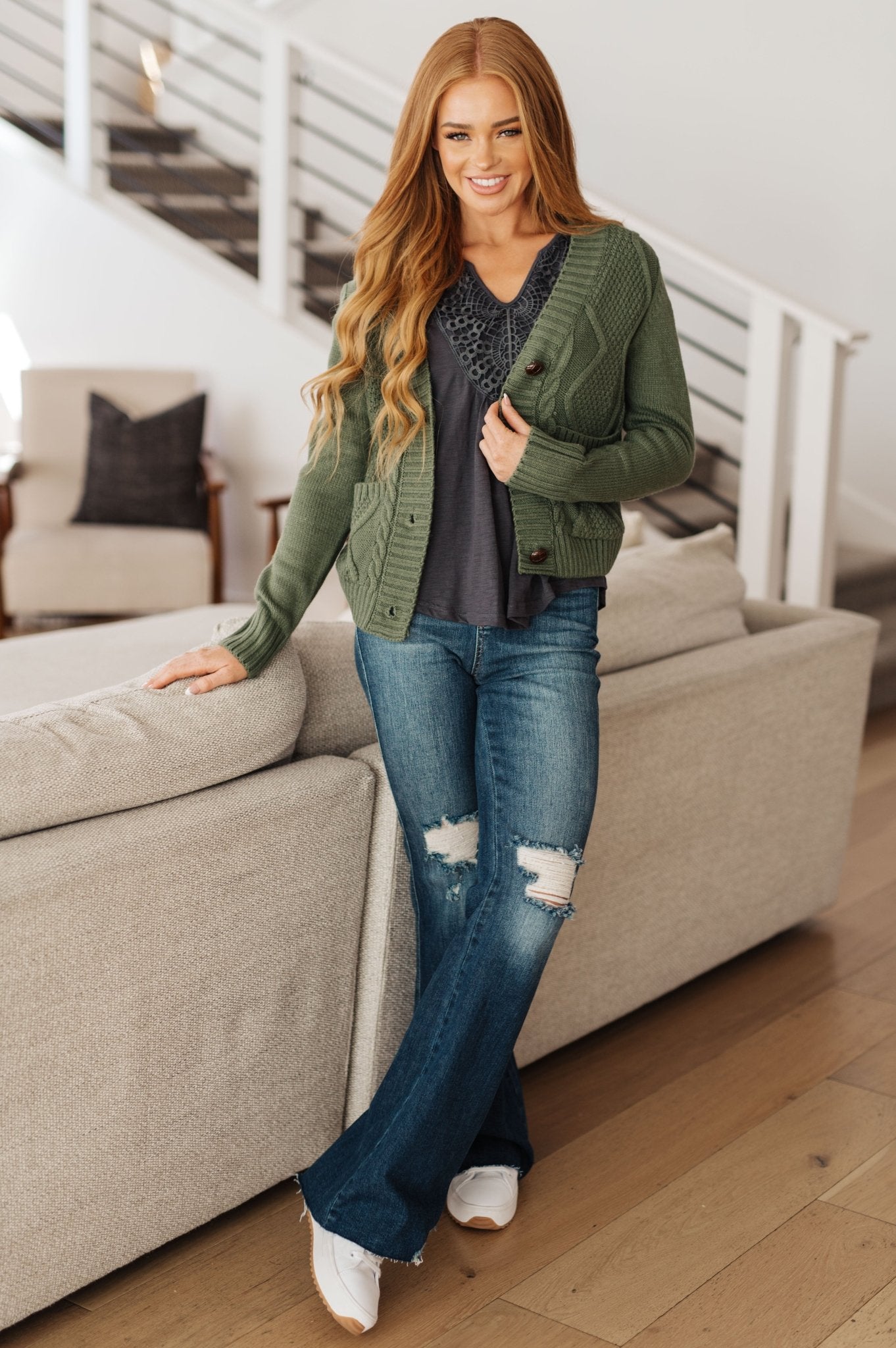 Climbing Vine Cable Knit Cardigan in Green (Online Exclusive) - Uptown Boutique Ramona