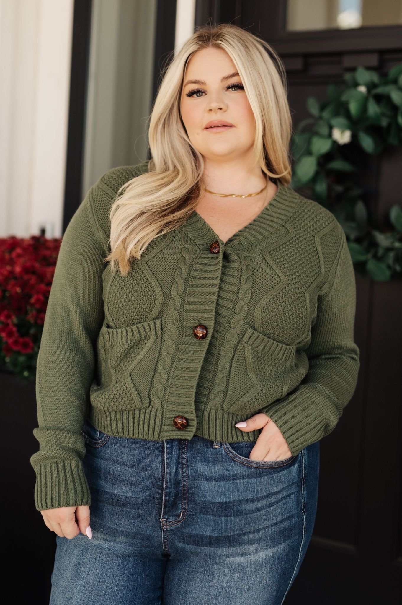 Climbing Vine Cable Knit Cardigan in Green (Online Exclusive) - Uptown Boutique Ramona