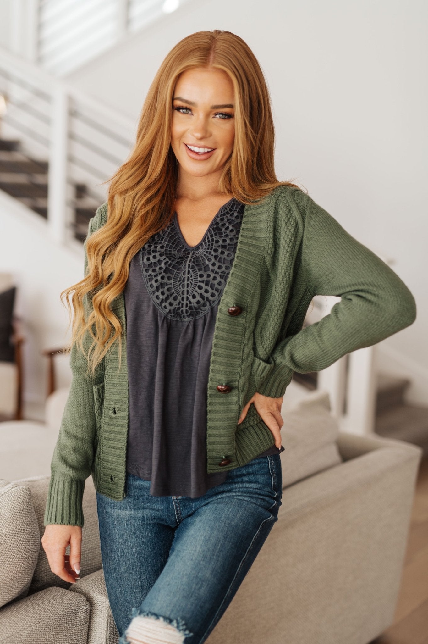 Climbing Vine Cable Knit Cardigan in Green (Online Exclusive) - Uptown Boutique Ramona