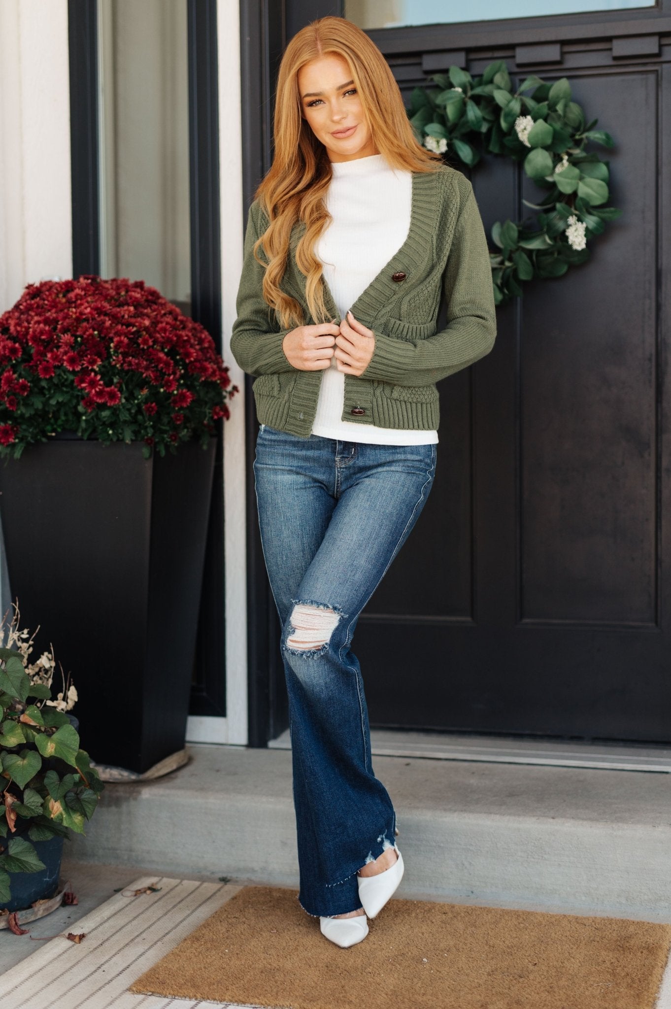 Climbing Vine Cable Knit Cardigan in Green (Online Exclusive) - Uptown Boutique Ramona