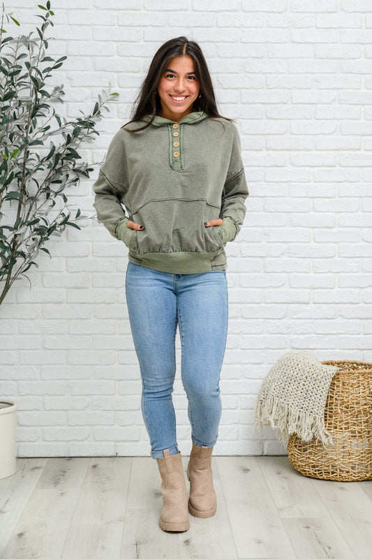 Colombia Button Pullover Hoodie In Green (Online Exclusive) - Uptown Boutique Ramona