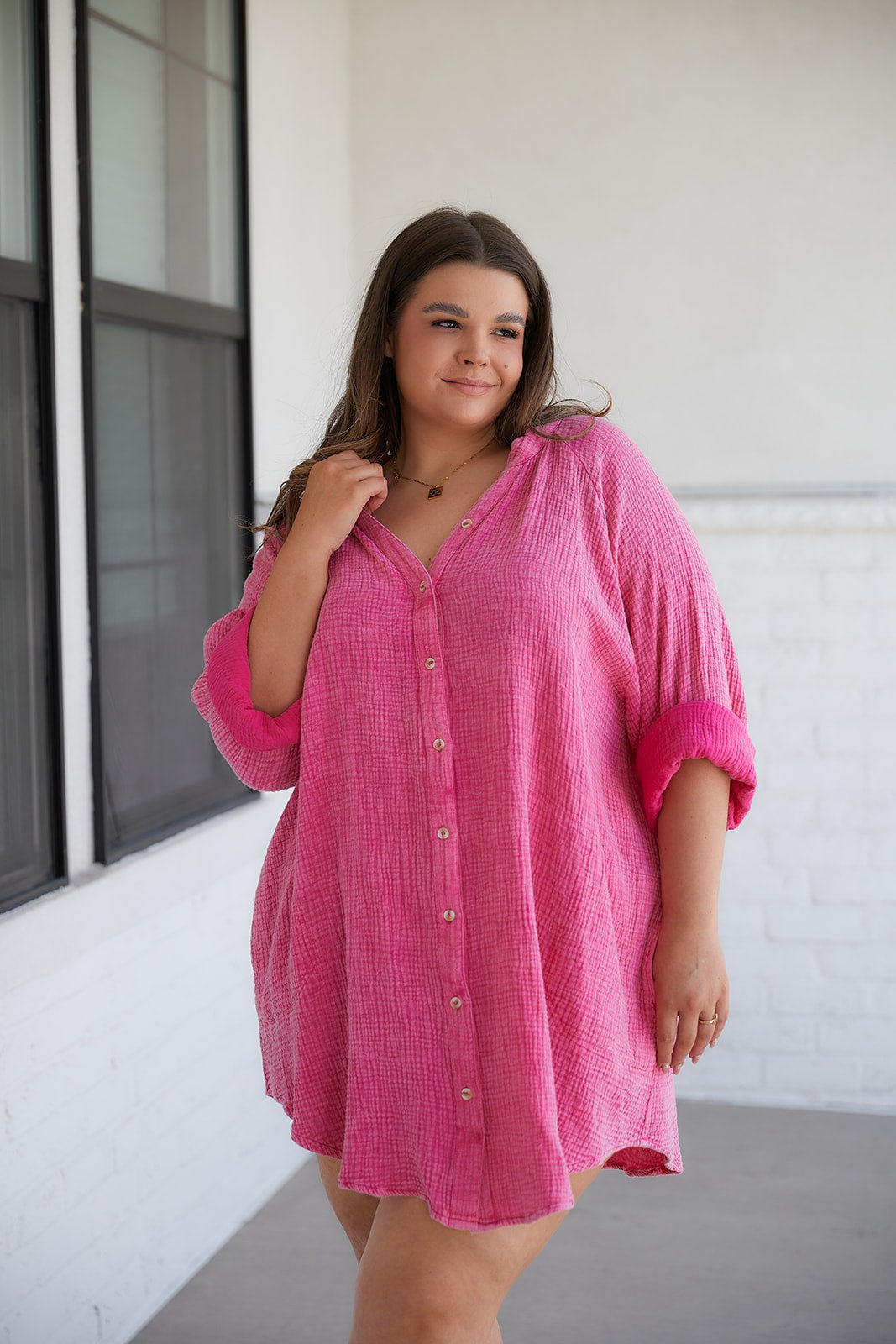 Corey Button Up Top in Fuchsia (Online Exclusive) - Uptown Boutique Ramona