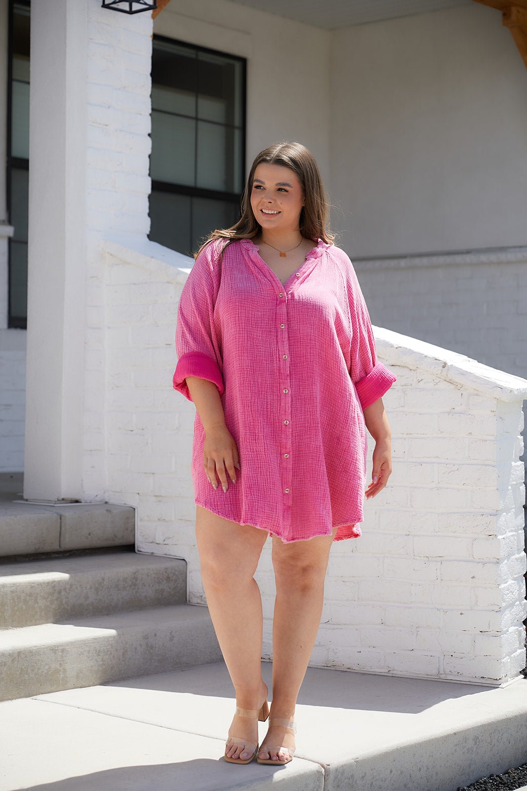 Corey Button Up Top in Fuchsia (Online Exclusive) - Uptown Boutique Ramona