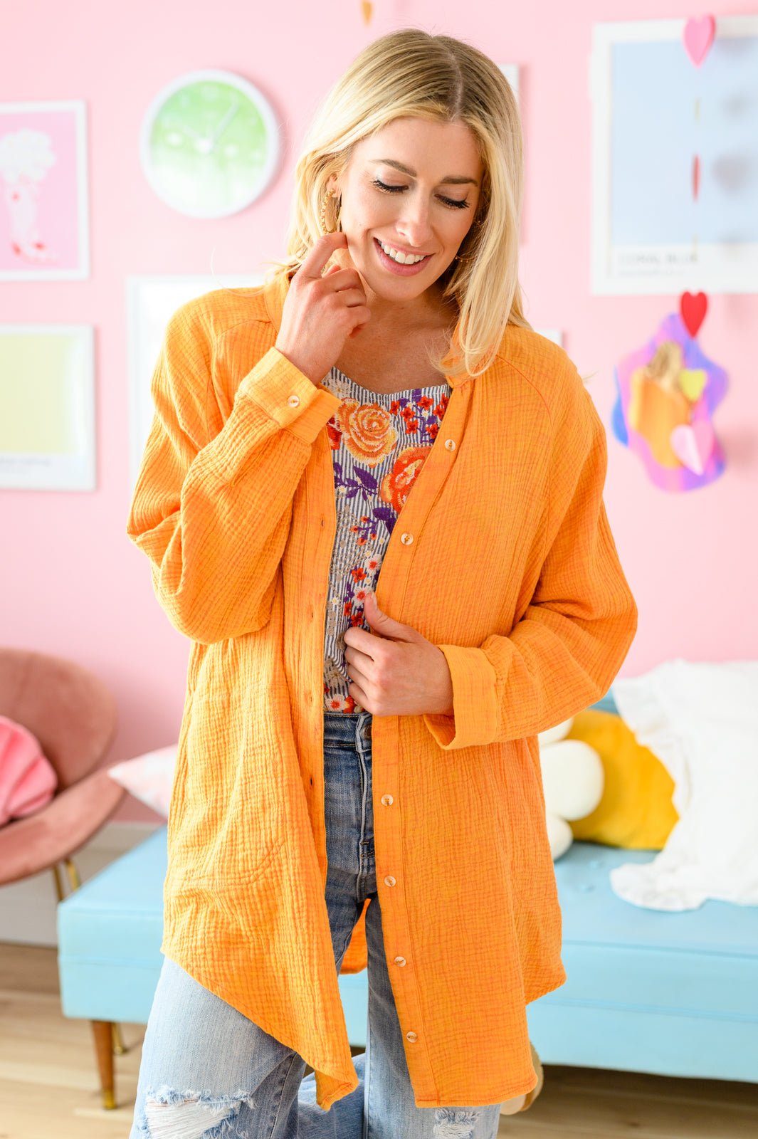 Corey Button Up Top in Tangerine (Online Exclusive) - Uptown Boutique Ramona